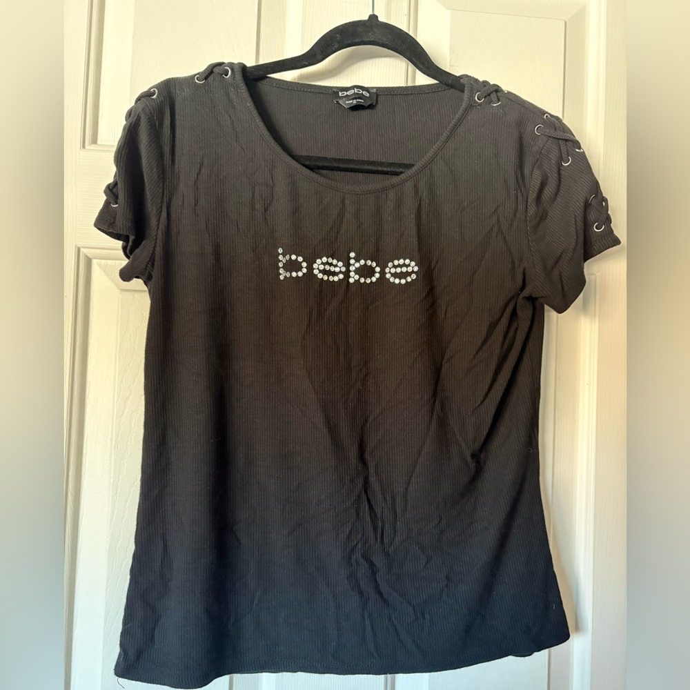 BEBE Top w/Rhinestone Logo - Black - Women XL